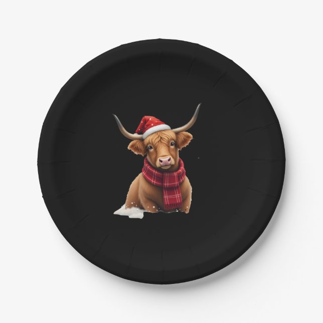 Boho Xmas Christmas Highland Cow T-Shirt (1) Paper Plate (Front)
