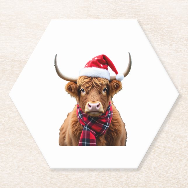 Boho Xmas Christmas Highland Cow T-Shirt (2) Paper Coaster (Front)