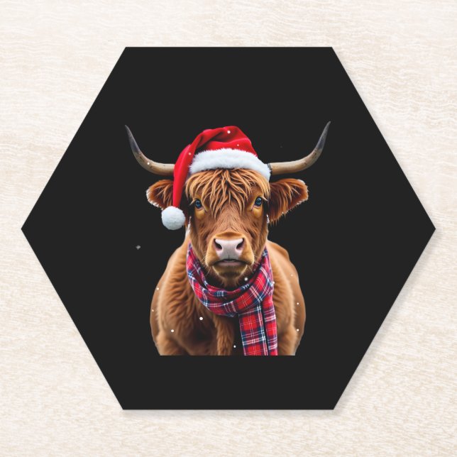 Boho Xmas Christmas Highland Cow T-Shirt (2) Paper Coaster (Front)