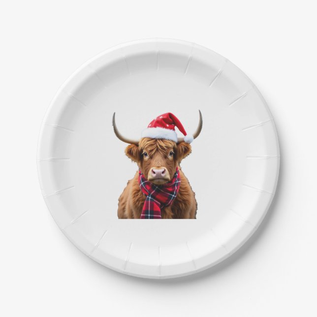 Boho Xmas Christmas Highland Cow T-Shirt (2) Paper Plate (Front)
