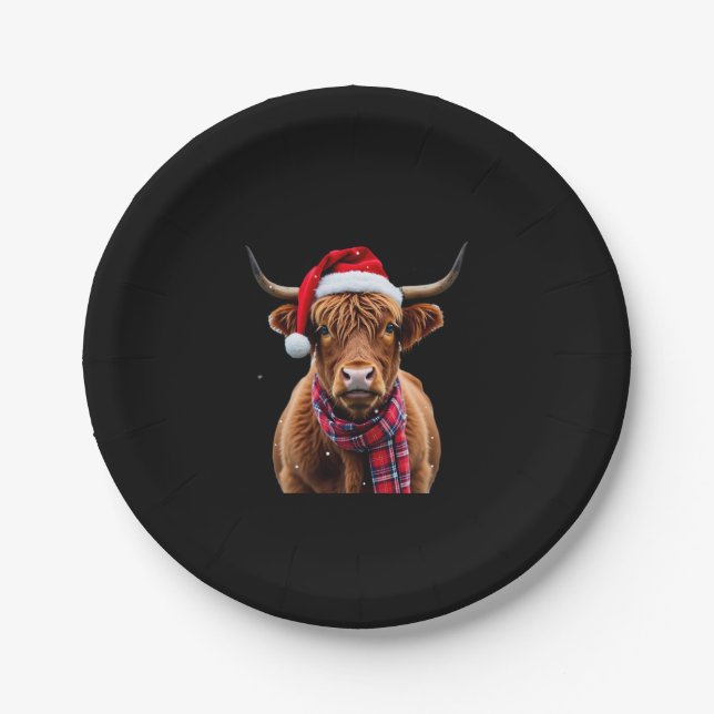 Boho Xmas Christmas Highland Cow T-Shirt (2) Paper Plate (Front)
