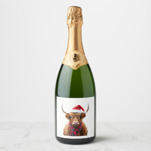 Boho Xmas Christmas Highland Cow T-Shirt (2) Sparkling Wine Label