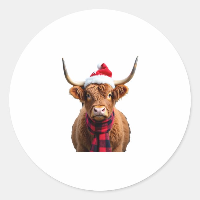 Boho Xmas Christmas Highland Cow T-Shirt (3) Classic Round Sticker (Front)