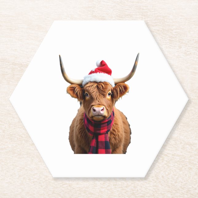 Boho Xmas Christmas Highland Cow T-Shirt (3) Paper Coaster (Front)