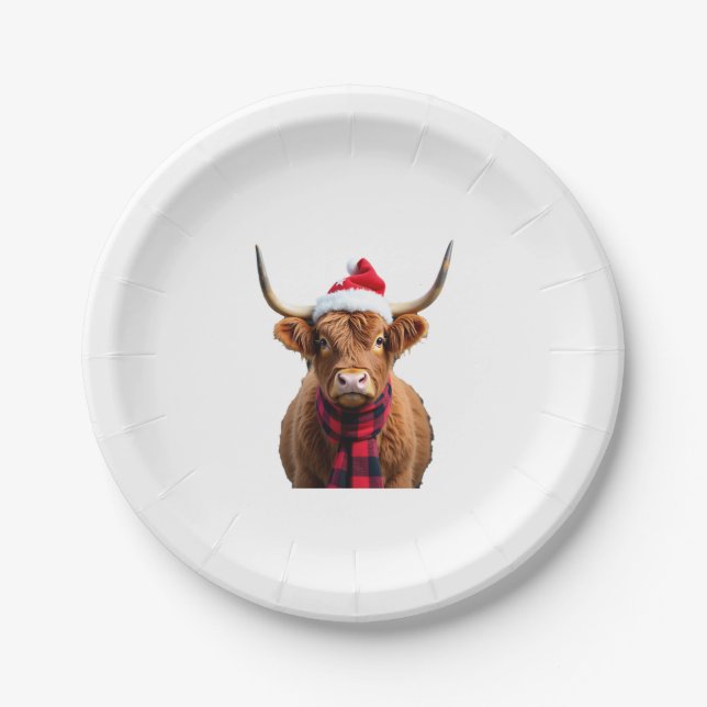 Boho Xmas Christmas Highland Cow T-Shirt (3) Paper Plate (Front)