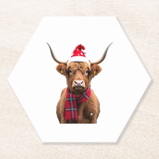 Boho Xmas Christmas Highland Cow T-Shirt (4) Paper Coaster (Front)