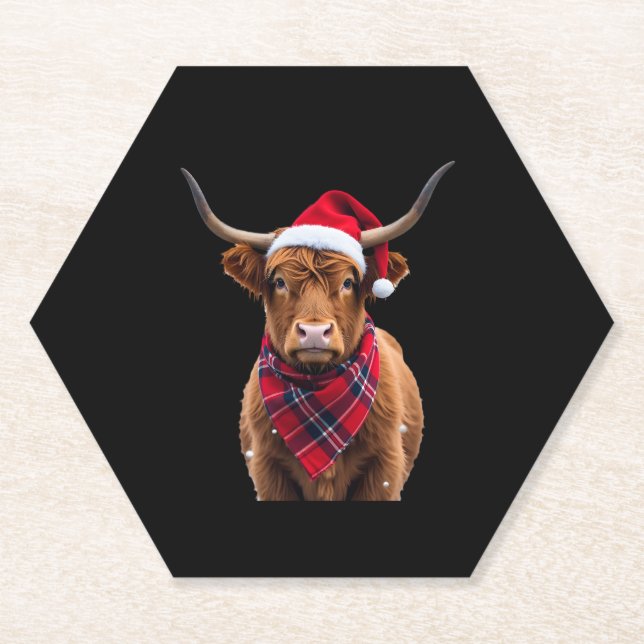 Boho Xmas Christmas Highland Cow T-Shirt Paper Coaster (Front)