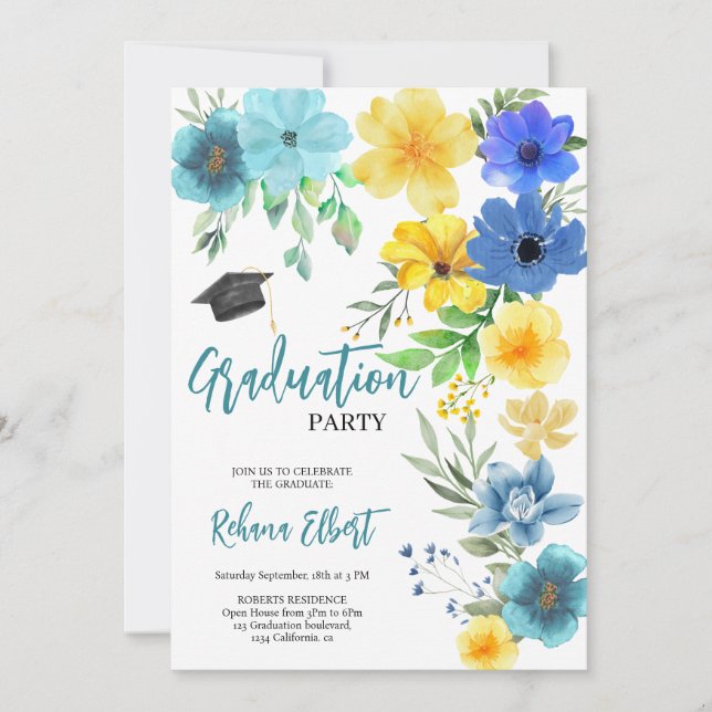Boho Yellow & Blue Floral Graduation Invitation (Front)