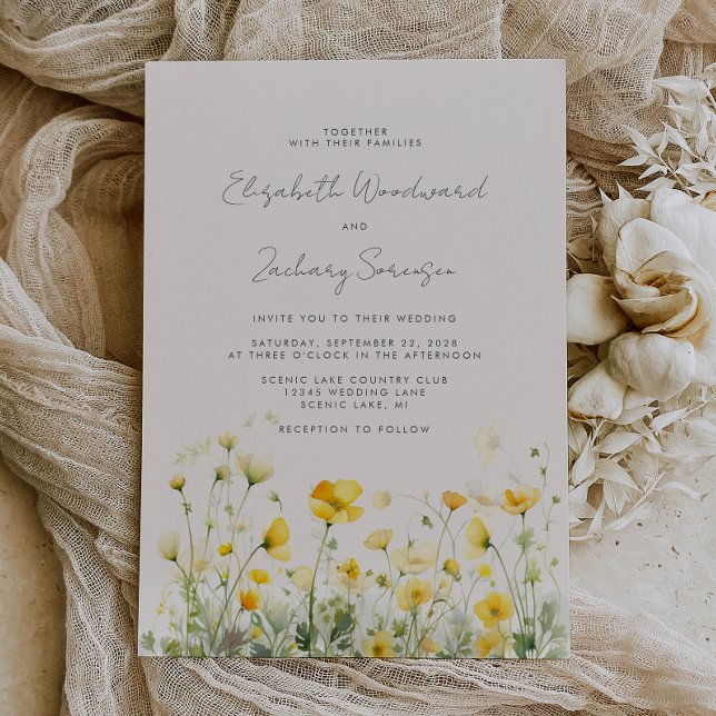 Boho Yellow Buttercups Watercolor Floral Wedding Invitation (Creator Uploaded)