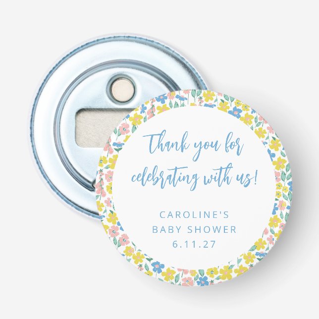 Boho Yellow Ditsy Floral Custom Baby Shower Thank Bottle Opener (Front)