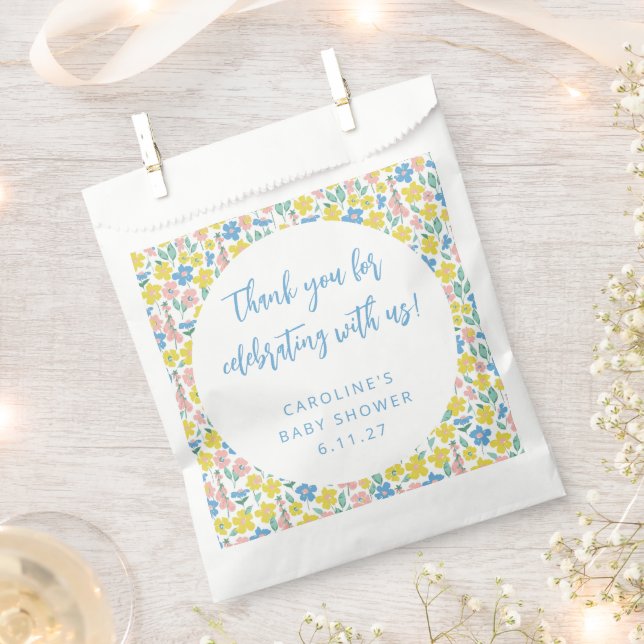 Boho Yellow Ditsy Floral Custom Baby Shower Thank Favour Bags (Clipped)