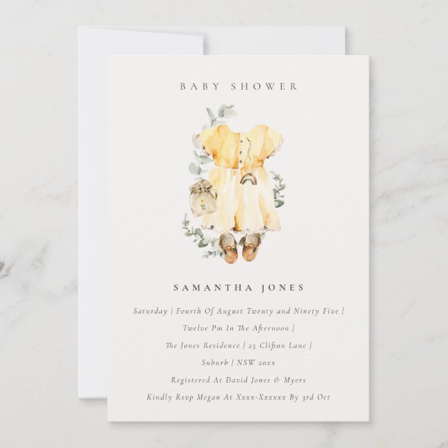 Boho Yellow Dress Foliage Girl Baby Shower Invite (Front)