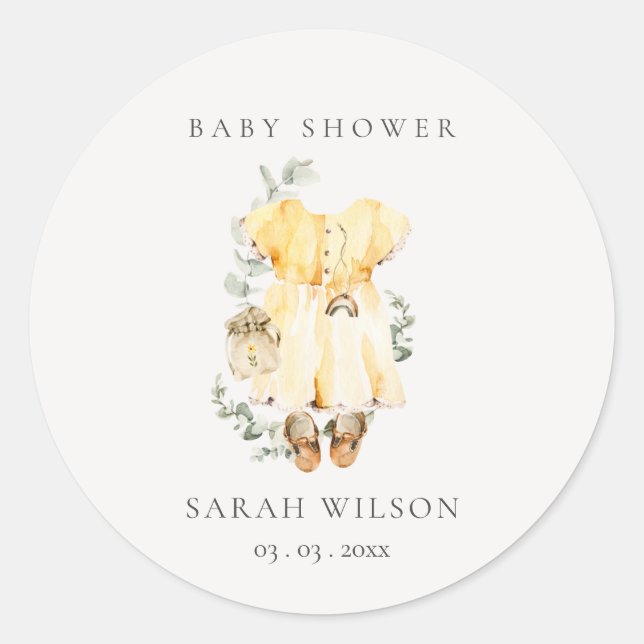 Boho Yellow Dress Shoes Foliage Girl Baby Shower Classic Round Sticker (Front)