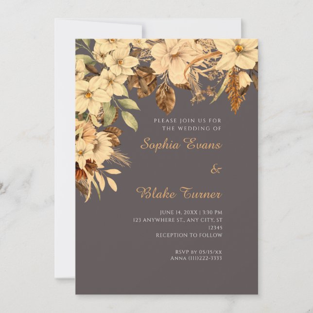 Boho Yellow Floral Autumn Ash Grey Wedding Invitation (Front)