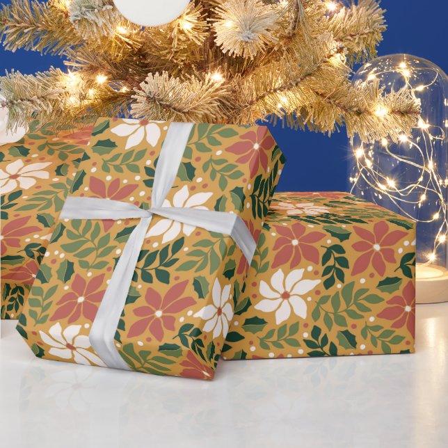 Boho Yellow Green Red Floral Christmas Holiday  Wrapping Paper (Holidays)