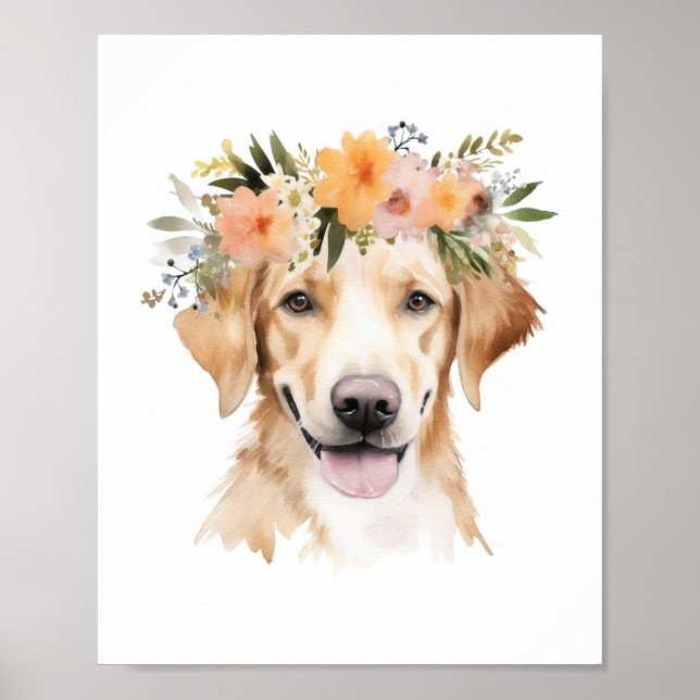 Boho Yellow Labrador Dog Flower Crown Watercolor Poster (Front)