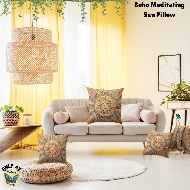Boho Yellow Orange Amber Meditating Sun Cushion (Bohemian-style meditating sun pillow available in cotton or polyester, 16 x 16, 20 x 20, or lumbar)