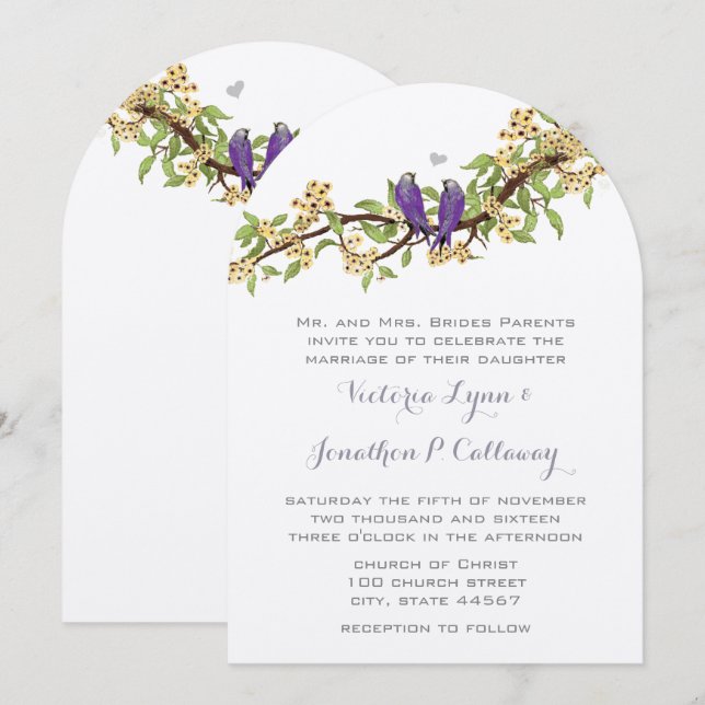 Boho Yellow Purple Bird Arch Shape Wedding  Invitation (Front/Back)