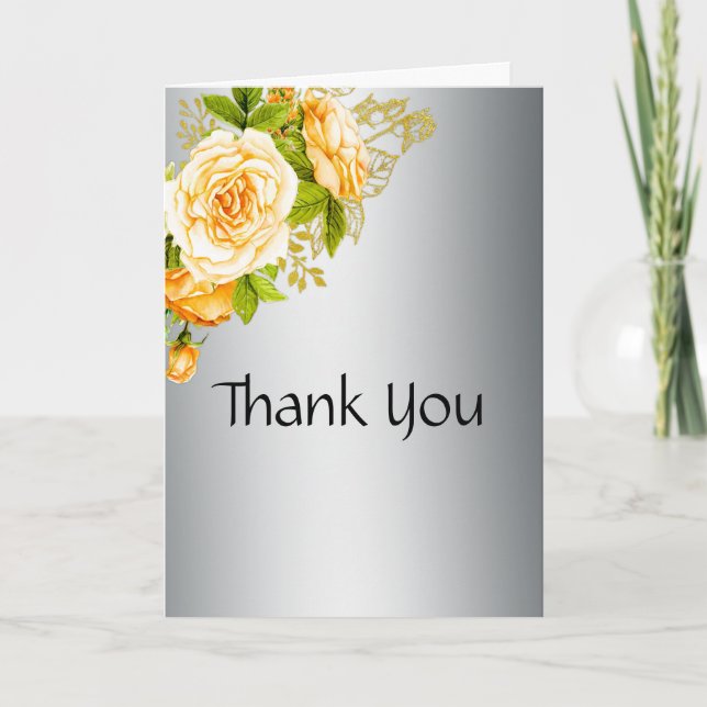 Boho Yellow Roses Silver Wedding Thank You Card (Front)