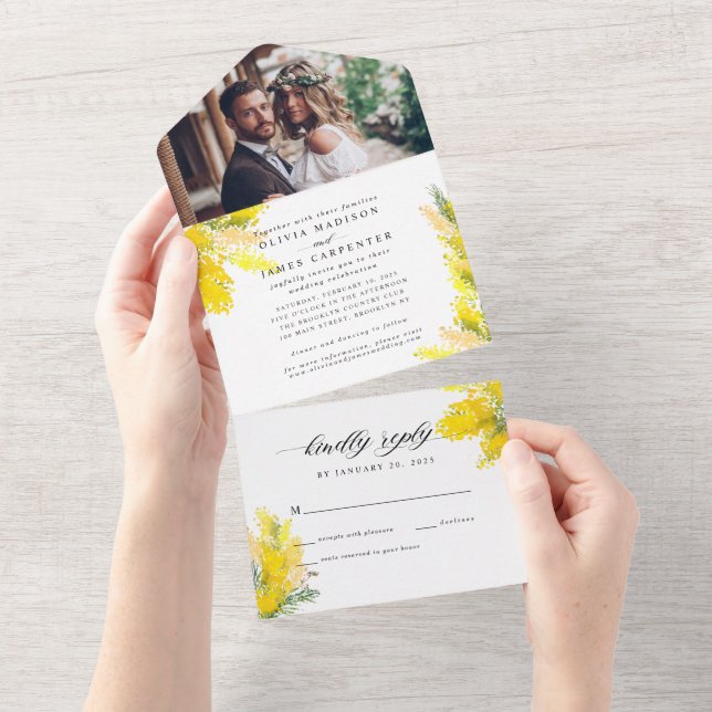 Boho Yellow Summer Wildflower Rustic Photo Wedding All In One Invitation (Tearaway)