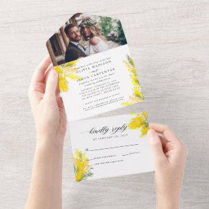 Boho Yellow Summer Wildflower Rustic Photo Wedding All In One Invitation