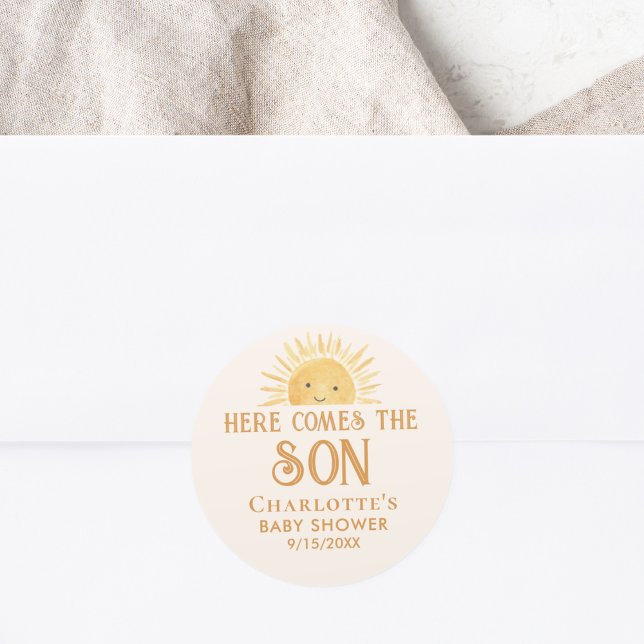 Boho Yellow Sunshine Baby Shower  Classic Round Sticker (Creator Uploaded)
