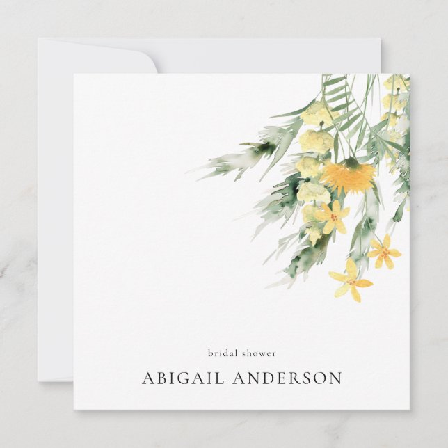 Boho Yellow Wildflower Minimalist Square Shower Invitation (Front)
