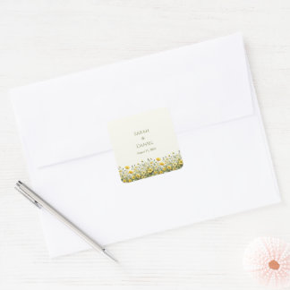 Boho Yellow Wildflowers, Olive Custom Names Square Sticker