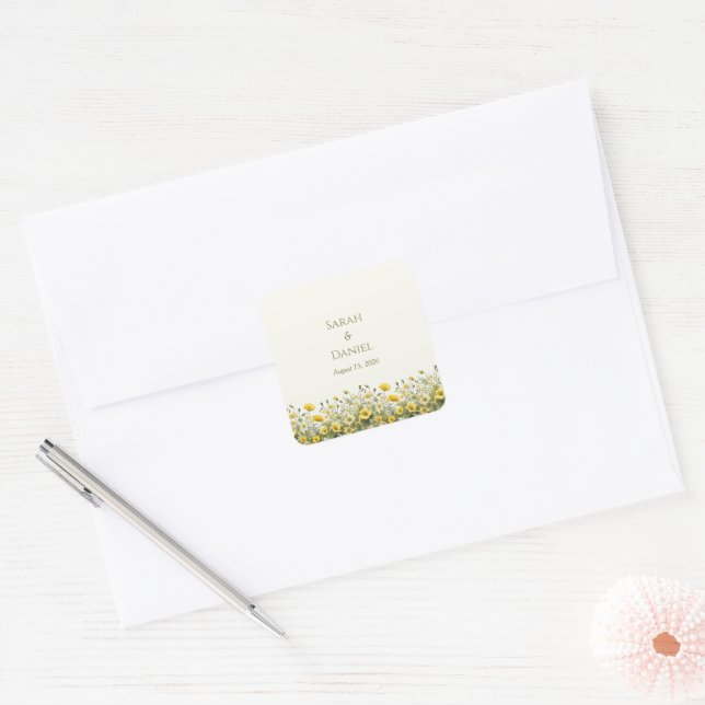 Boho Yellow Wildflowers, Olive Custom Names Square Sticker (Envelope)