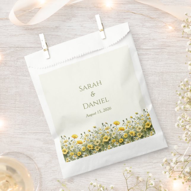 Boho Yellow Wildflowers, Olive Thank You Wedding Favour Bags (Clipped)