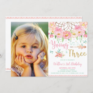 Boho Young Wild and Three 3rd Birthday Girl Photo Invitation