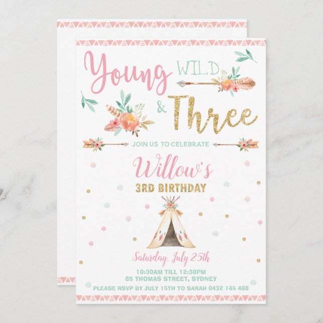 Boho Young Wild and Three 3rd Birthday Party Girl Invitation (Front/Back)