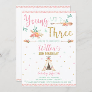 Boho Young Wild and Three 3rd Birthday Party Girl Invitation