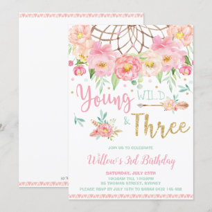 Boho Young Wild and Three 3rd Birthday Party Girl Invitation