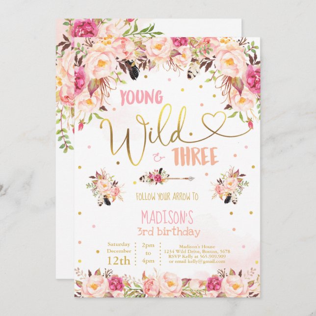 Boho Young Wild And Three Birthday Invitation (Front/Back)