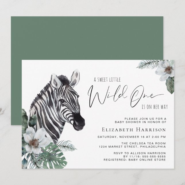 Boho Zebra Floral Watercolor Baby Shower Invitation (Front/Back)