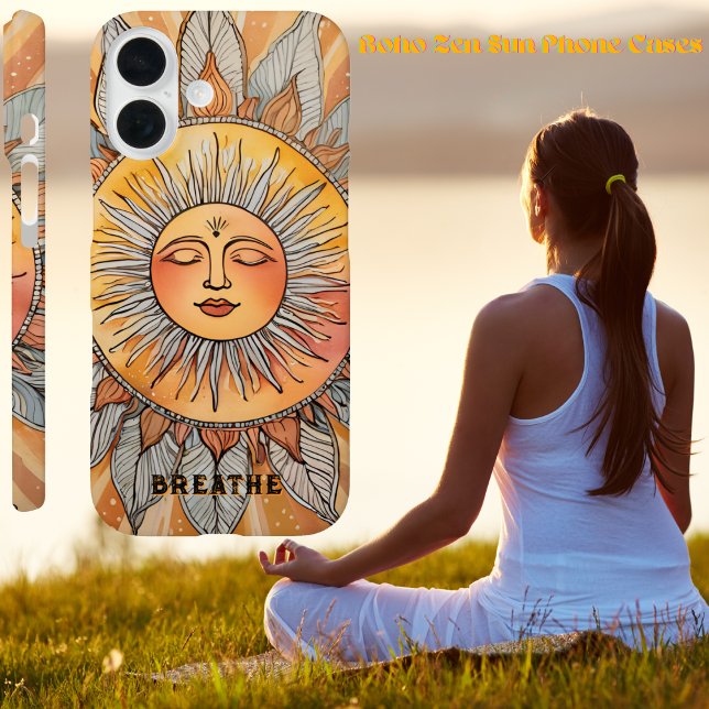 Boho Zen Breathe Reminder Changeable Text Calm Sun Case-Mate iPhone Case (Yellow, orange, burnt amber, & a reminder to "BREATHE" on beautiful Bohemian Zen sun phone case)