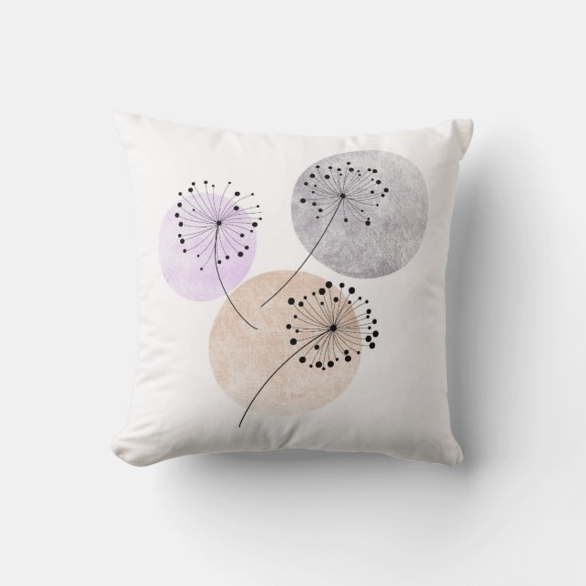 Boho Zen Dandelion Flowers On Blue Pink Circles Cushion (Front)