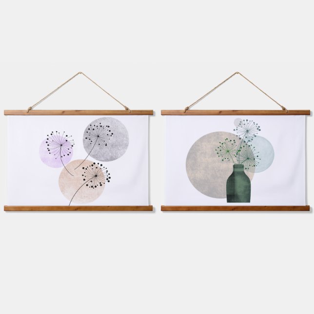 Boho Zen Dandelion Flowers On Blue Pink Circles Hanging Tapestry (Double)