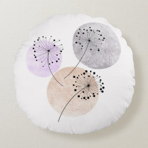 Boho Zen Dandelion Flowers On Blue Pink Circles Round Cushion