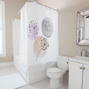 Boho Zen Dandelion Flowers On Blue Pink Circles Shower Curtain