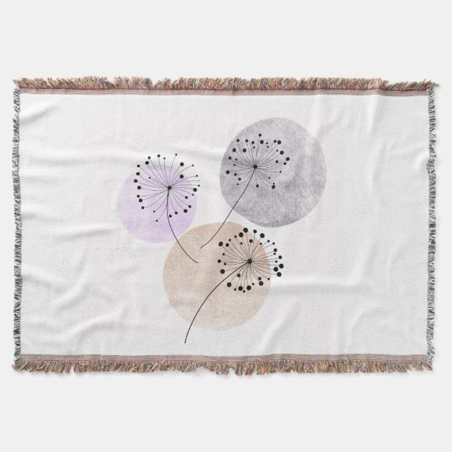 Boho Zen Dandelion Flowers On Blue Pink Circles Throw Blanket (Front)