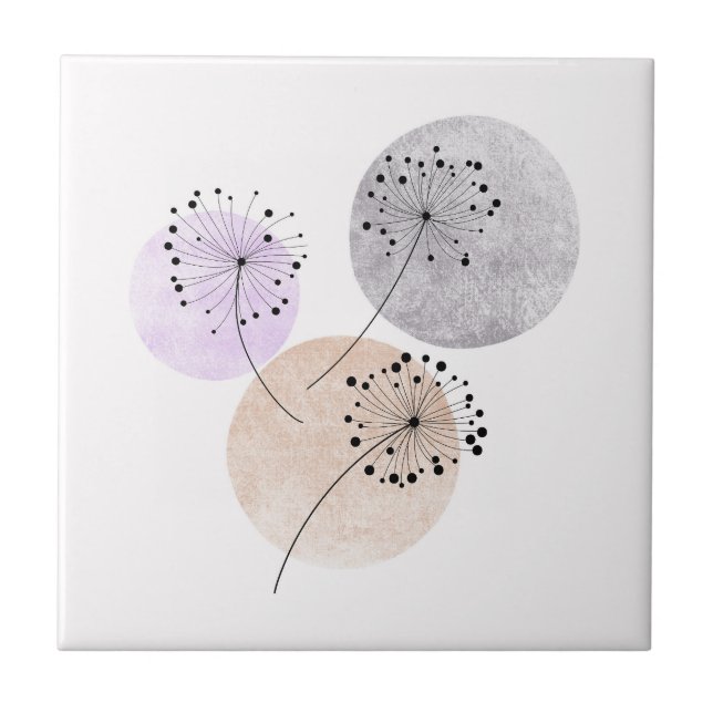 Boho Zen Dandelion Flowers On Blue Pink Circles Tile (Front)