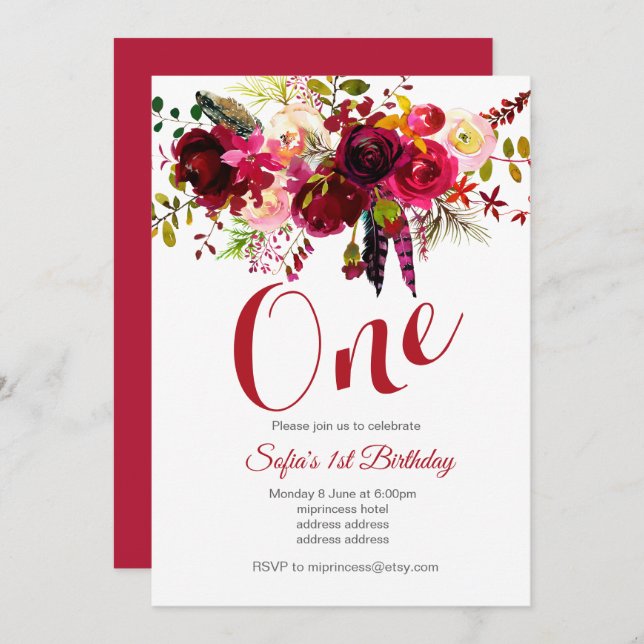 bohochic floral birthday party invitation (Front/Back)
