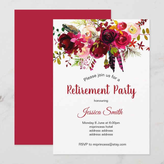 bohochic floral retirement party invitation (Front/Back)