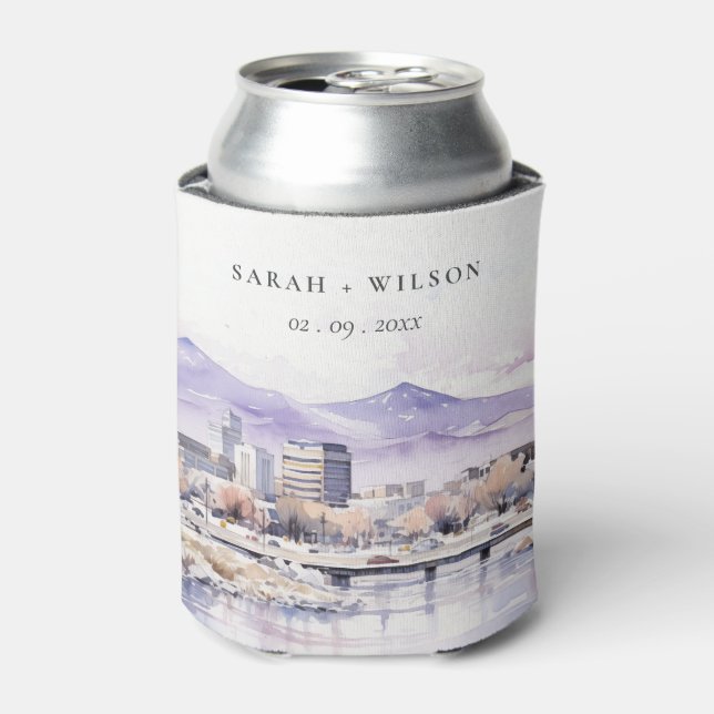 Boise, Idaho Watercolor Landscape Wedding Can Cooler (Can Front)