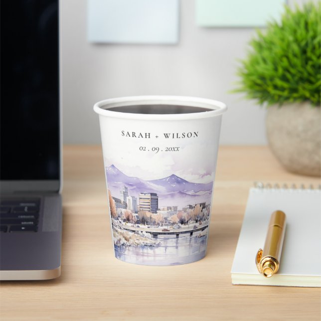 Boise, Idaho Watercolor Landscape Wedding Paper Cups (Insitu)