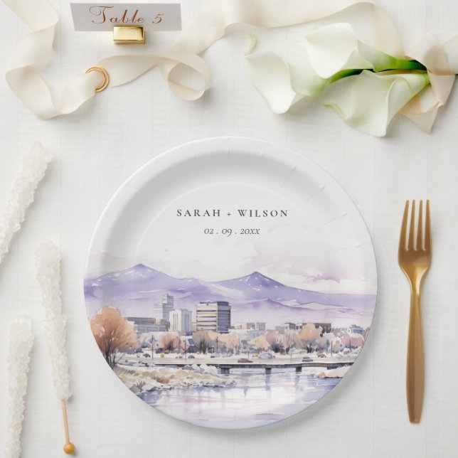 Boise, Idaho Watercolor Landscape Wedding Paper Plate (Wedding)