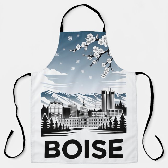 Boise Skyline Black and White Woodcut Winter  Apron (Front)
