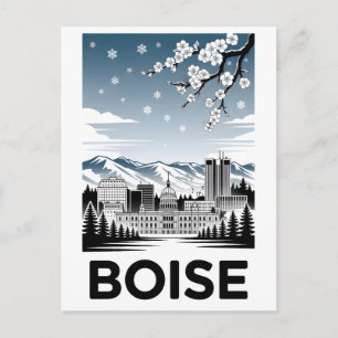 Boise Skyline Black and White Woodcut Winter Holiday Postcard